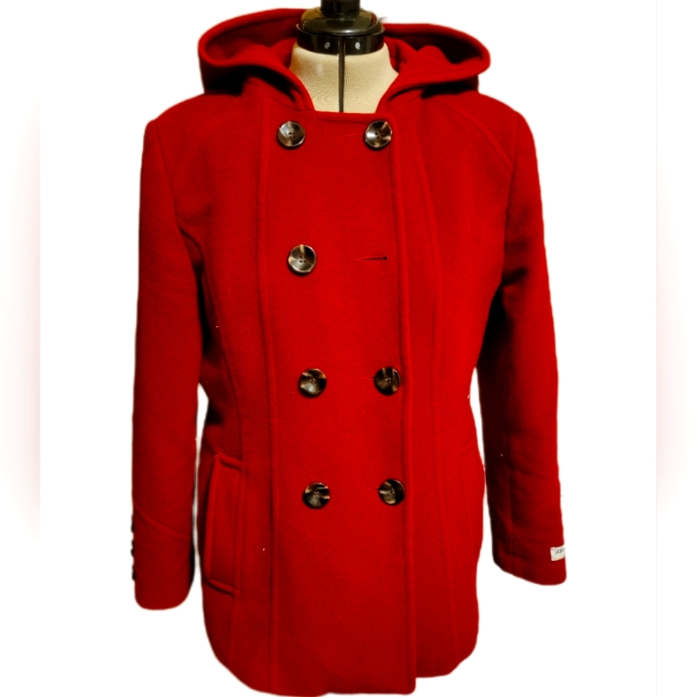 🔖St John's Bay Cashmere Blend Pea Coat Double Breasted Hooded Red Sz L